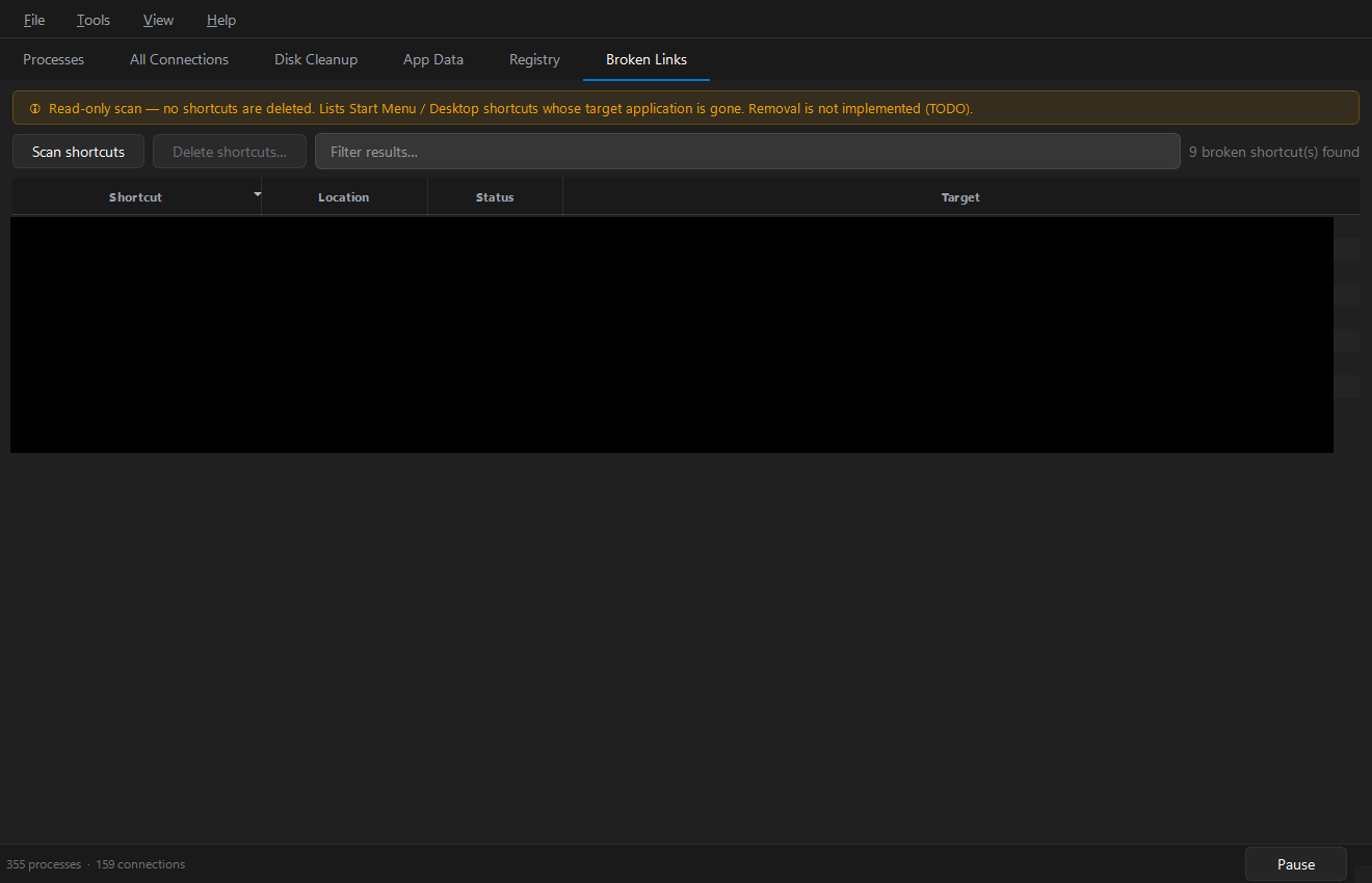 Broken Links tab